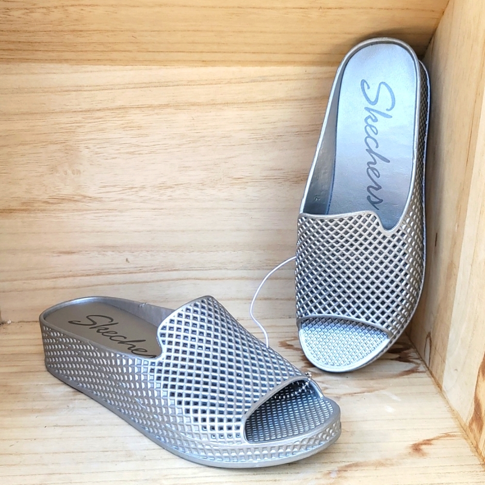Skechers Silver Slip-On Wedge Sandals